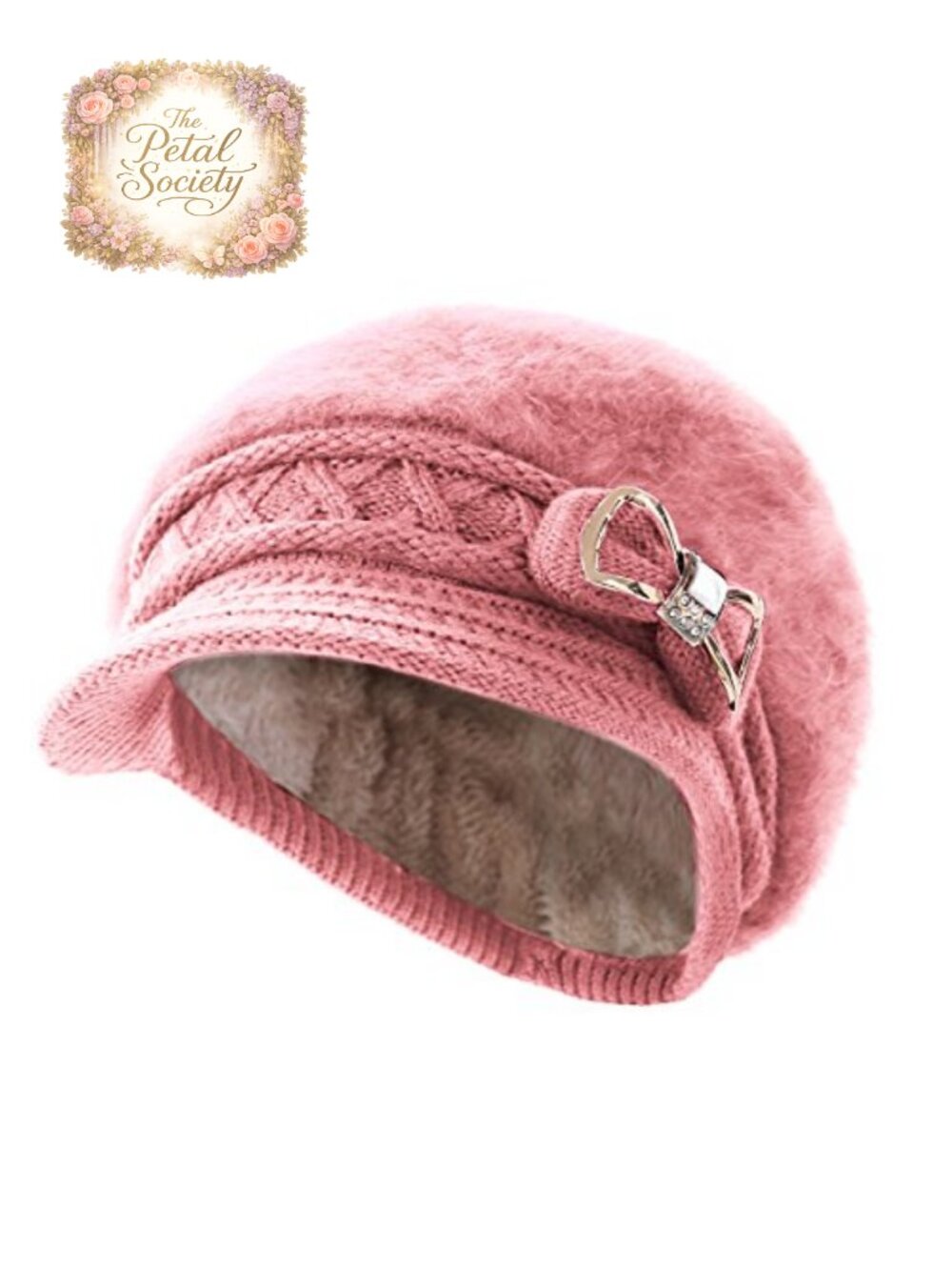 Surblue Lady Knit Newsboy Cap Beret Crystal Bow Angora Plush Winter Beanie